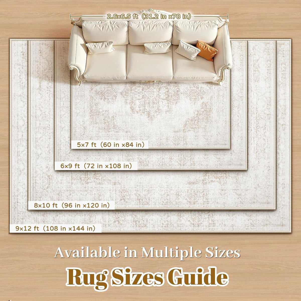 8X10 Area Rugs for Living Room, Washable Rugs Beige Vintage Medallion Non-Slip Soft Low Pile Rug Large Indoor Retro Carpet for Bedroom Dining Room Home Office Nursery Room(Beige,8'x10')
