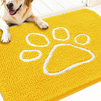 OLANLY Dog Door Mat for Muddy Paws 30x20, Paw Print Design, Absorbs Moisture and Dirt, Absorbent Non-Slip Washable Doormat, Quick Dry Chenille Mud Mat for Dogs, Entry Indoor Entryway Carpet, Yellow