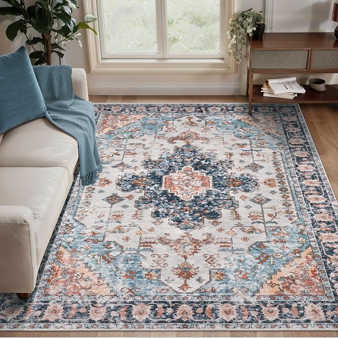 Tangsoo 3x5 Rug for Bedroom, Washable Vintage Rugs Indoor, Non Slip Accent Rug, Print Distressed Blue/Beige Carpet, Soft Low Pile for Living Room Dorm Bedroom Bedside Entryway Bathroom
