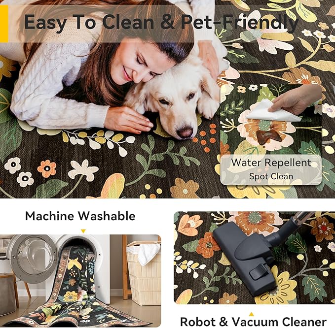 Floral 6x9 Area Rug Machine Washable Soft Print Boho Carpet Non Slip Doormat Low Pile Flower Area Rugs for Living Room Bedroom Nursery Kitchen Dining Room Indoor-Black/Yellow/Red