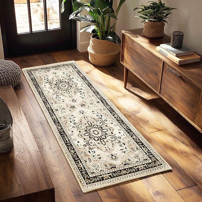 XWZO Runner Rug 2x6ft, Washable Hallway Runner with Non-Slip Backing, Vintage Spill Stain Resistant Floor Mat for Entryway Corridor Bedroom Kitchen, Soft Low-Pile Area Carpet, Brown Beige