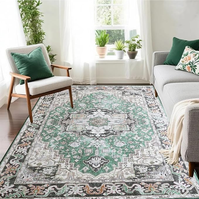 Washable Area Rugs 3x5 , Low Pile Super Soft Carpet, Vitnage Distressed Rug for Bedroom, Living Room, Dining Room, Non-Slip, Low Pile, Green