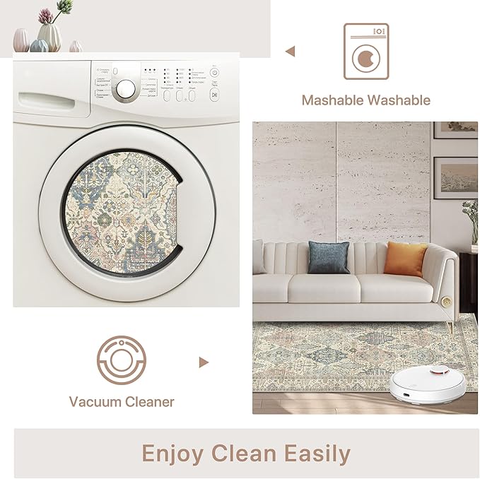 Bavni Area Rug 2X3, Small Aesthetic Entryway Rug, Non Slip Rugs for Front Door, Vintage Indoor Washable Carpet for Kitchen Bathroom, Beige Ivory