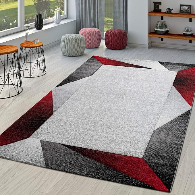 Paco Home Modern Area Rug Bordered with Geometric Pattern Red Grey with Contour Cut, Size: 2'8" x 9'10"