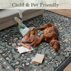 Dark Green Floral 5x7 Area Rugs for Living Room Large Washable Rug Vintage Forest Low Pile Non Slip Stain Resistance Soft Carpet for Dining Room, Bedroom, Office Rug, Kids Room, Nursery Room, Playroom