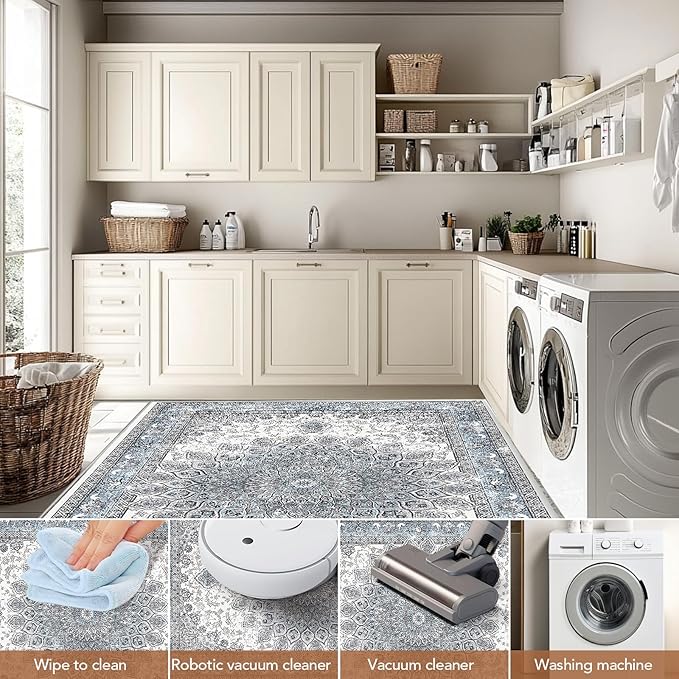 5’x7’ Area Rugs for Living Room Non Slip Washable Low Pile Area Rugs for Bedroom Dining Foldable Vintage Carpets Blue