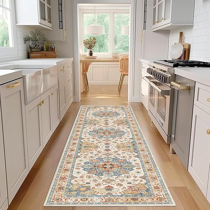 Enkor Runner Rugs for Hallway, 2.6x8 Washable Soft Non Slip Floor Rugs for Kitchen, Modern Mat for Living Room Bedroom Entryway Orange & Beige