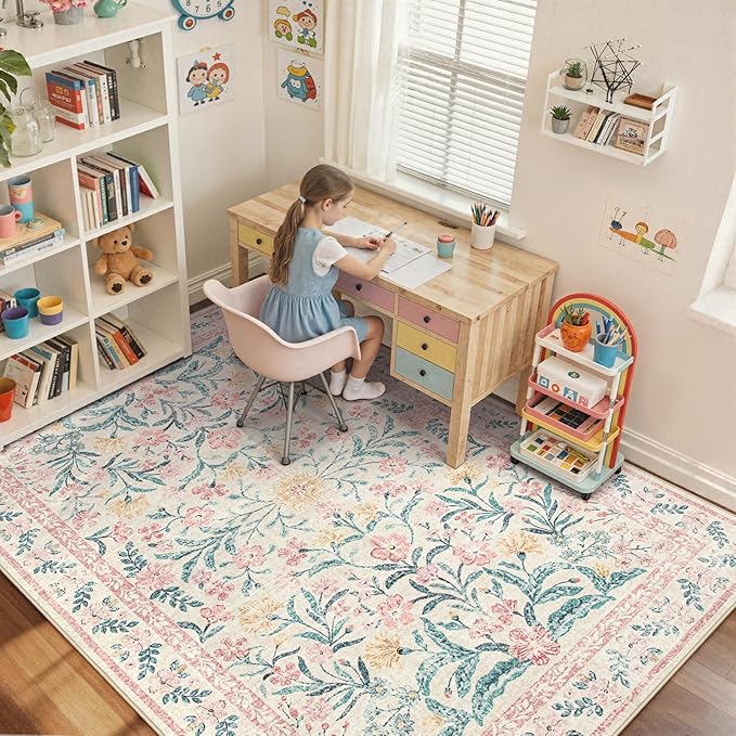 Wonnitar Washable Area Rug 6x9, Pink Floral Rugs for Bedroom Girls Soft Living Room Carpet Ultra-Thin, Boho Non Slip Non-Shedding Pastel Nursery Carpet for Kids Room Playroom Dorm