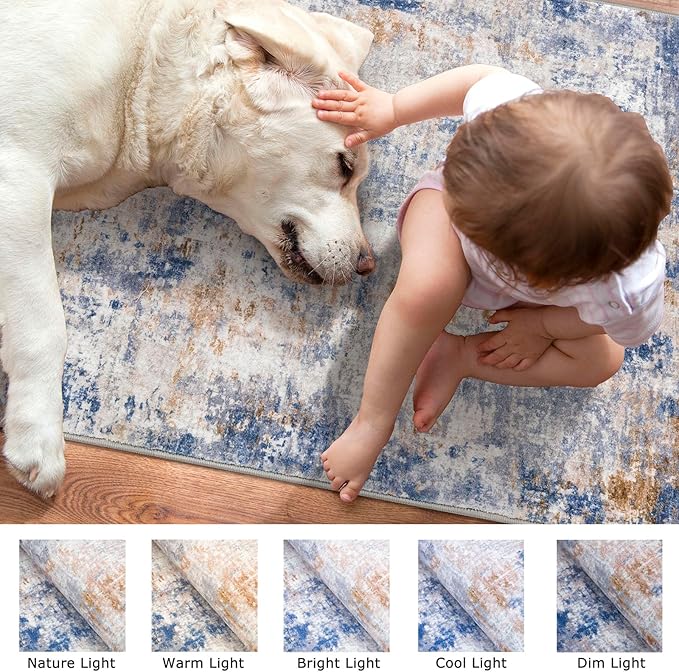 Modern Abstract Small Area Rug Indoor, Grey Blue Orange Multi 3x5 Washable Rug Non-Slip Soft Entryway Rug Kitchen Mats Thin Print Faux Wool Floor Carpet Colorful Throw Rugs for Entrance Bedroom