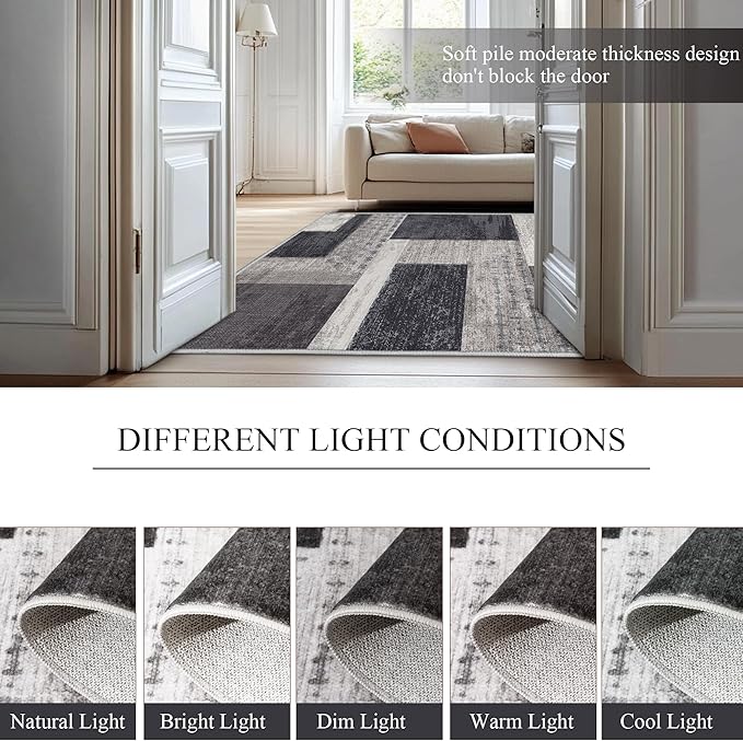 Modern Geometric Patchwork Indoor Area Rug for Living Room, Charcoal 4'x 6' Large Rug Rockwood Collection Hardwood Floors Decor for Bedroom, Grey Throw Carpet for Office Entryway Dining Room