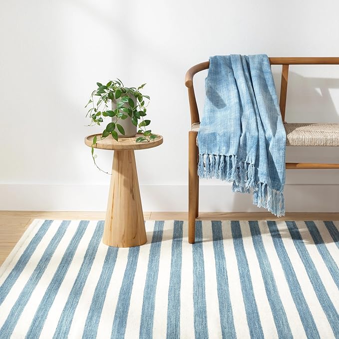 Home Conservatory Ladder Stripe Blue/Ivory Handwoven Wool 2.5 X 8 Feet, Blue/Ivory Stripe Pattern