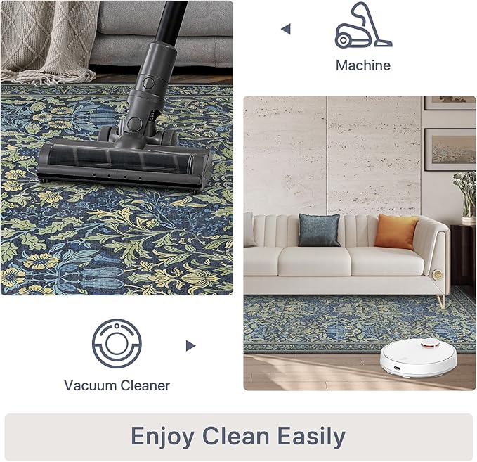 Bavni Floral Dark Blue Area Rugs 6x9, Vintage Boho Carpet Machine Washable, Non Slip Soft Low Pile Thin Rug for Bedroom, Living Room, Dining Room, Nursery