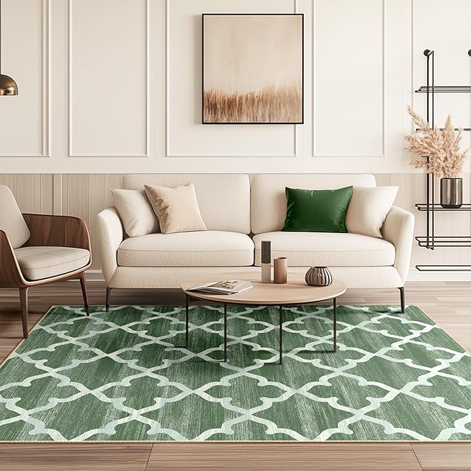 Area Rug 4x6, Moroccan Trellis Print Carpet, Machine Washable Non-Slip Rugs for Living Room, Bedroom, Dining Room & Entryway, Green