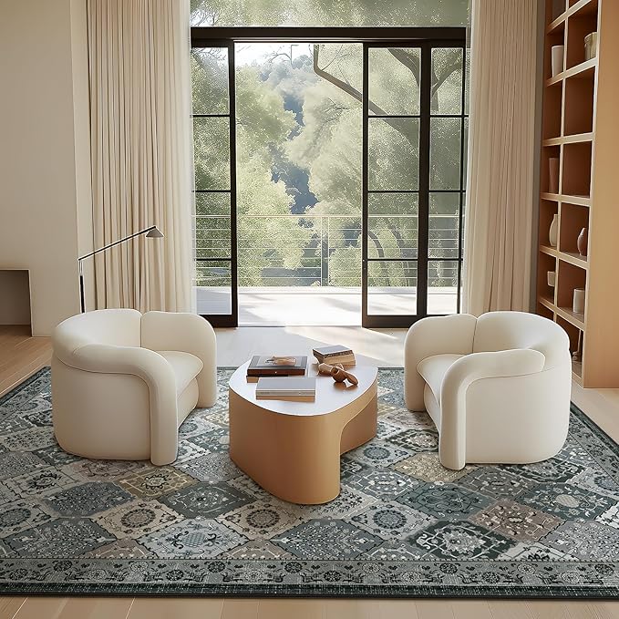 Phantoscope Washable Area Rug 8'x10' Non-Slip, Vintage Boho Rugs for Living Room, Bedroom, Dining Room, Distressed Moroccan Mosaic Diamond Pattern, Low-Pile Foldable Floor Carpet, Grey Charcoal