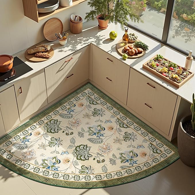 jinchan Elora Floral Corner Rug for Entryway Washable Kitchen Rug Vintage Romance Design Non Slip Quarter Circle Lightweight Low-Pile Throw Carpet for Playroom Reading Nook, 4ft Radius, Green/Beige