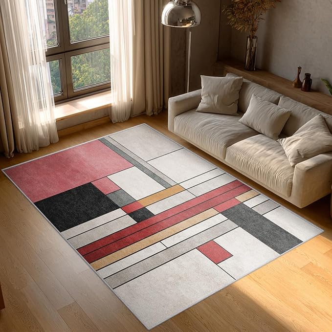 4x6 Abstract Geometric Rugs for Bedroom Decor, Washable Black White Red Geometry Pattern Area Rug, Living Room Home Decoration, Non Slip Soft Thin, Minimalist Modern Decor Carpet PF-P 49