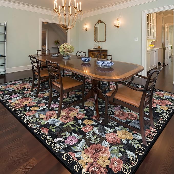 8x10 Machine Washable Area Rug for Living Room, Black Vintage Boho Floral Rug Large Non-Slip Low Pile Soft Faux Wool Carpet, Kids and Pets Friendly for Bedroom Dining Room Farmhouse Home Decor Rug