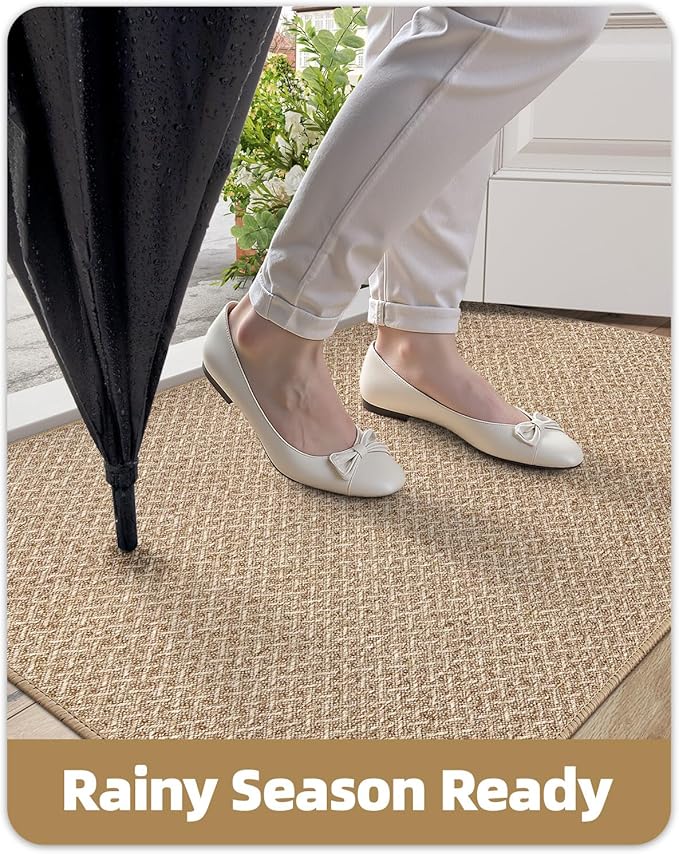Color&Geometry 17"x30" Small Ultra Thin Indoor Door Mat Non Slip Rubber Backed Dirt Trapper(Rolled-up NO Creases), Rugs for Entryway, Front Door Mat Indoor Washable Low-Profile Entry Mat, Khaki