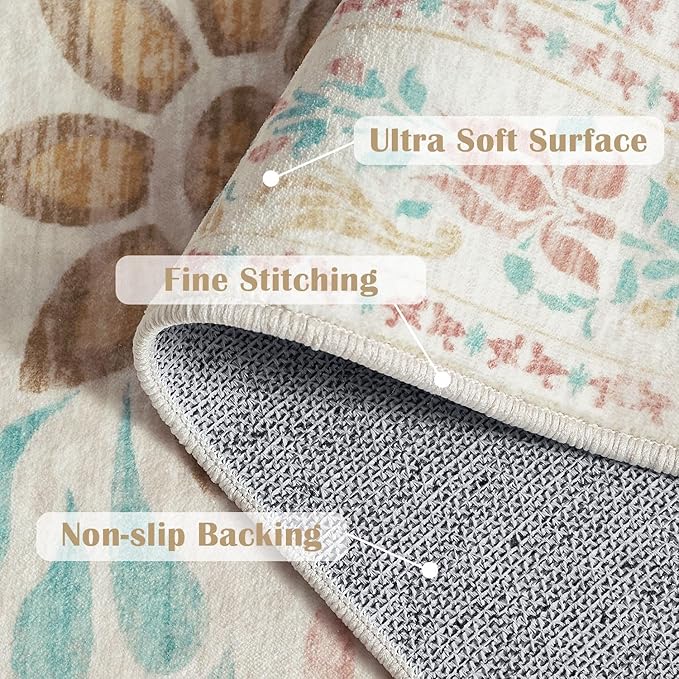 jinchan Vintage Floral Runner Rug 2x5 - Machine Washable Distressed Design Non-Slip Low-Pile Soft Thin Carpet for Hallway Kitchen Farmhouse Bedroom Entryway Laundry Room (2x5ft, Apricot Multi)