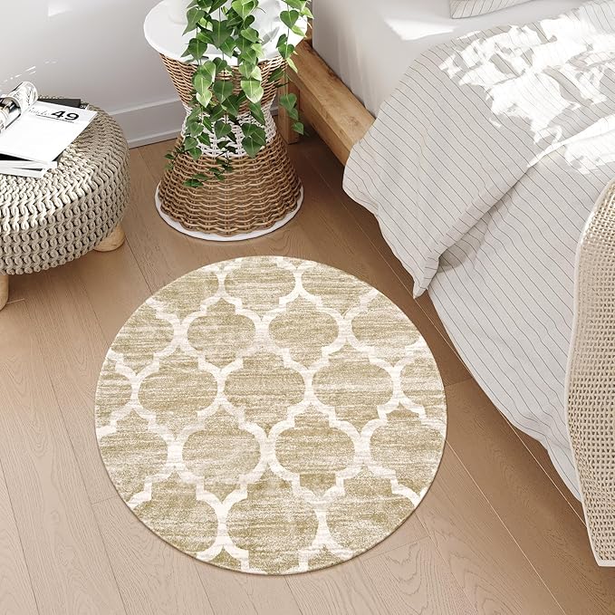Lahome Moroccan Round Rug - 3x3 Washable Non-Slip Small Bathroom Rug Throw Soft Kids Nursery Room Rugs, Modern Print Distressed Round Carpet for Bedroom Sofa (Taupe, 3Ft-Round)
