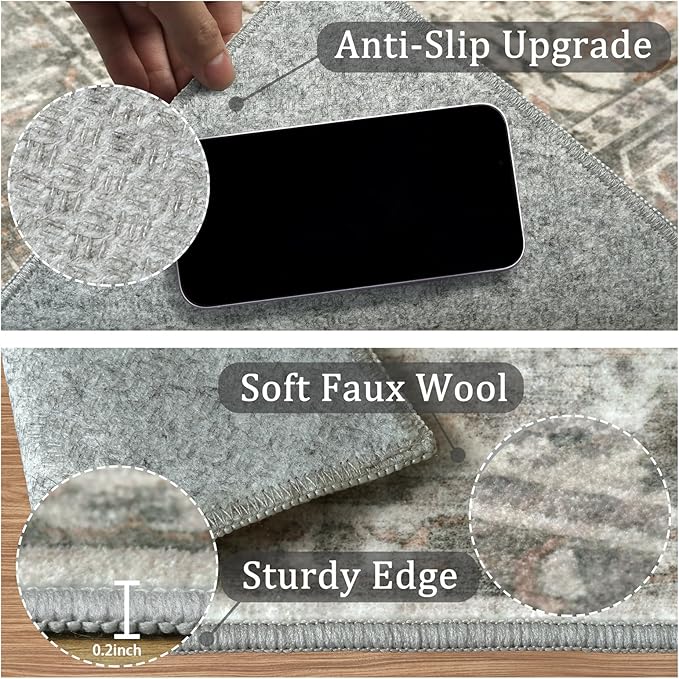 2x3 Machine Washable Area Rug for Entryway, Grey Rusty Boho Vintage Floral Rug Non-Slip Low Pile Soft Faux Wool Small Carpet, Kids and Pets Friendly for Bedroom Kitchen Hallway Bedside Home Decor Rug