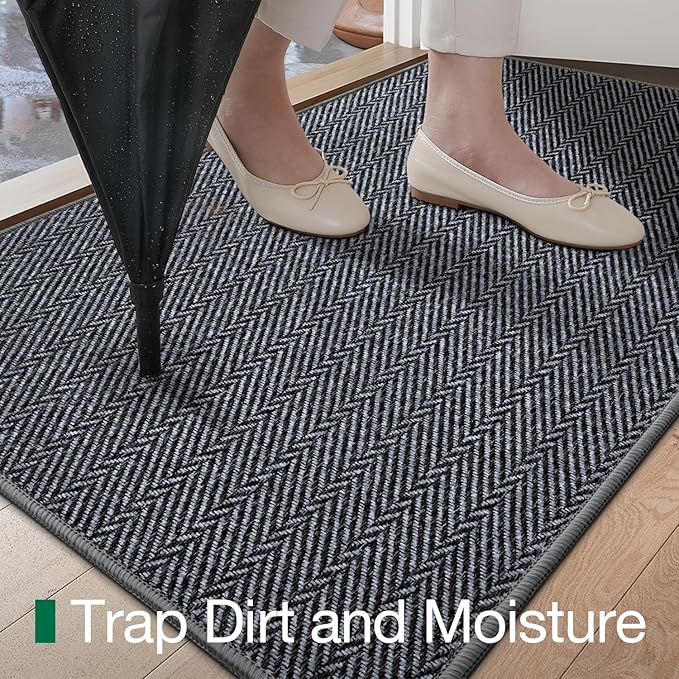 LUMI Ultra Thin Indoor Door Mat for Entrance 48"x72", Non Slip Entryway Mat, Low Profile Doormat, Unique Herringbone Design Carpet for Inside, Patio, Porch, Medium Gray