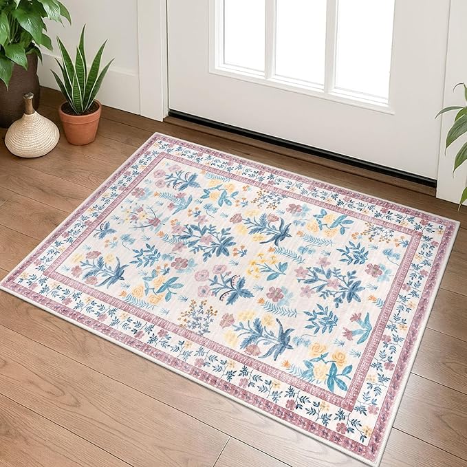 Boho Entryway Rug 2x3 Washable, Blush Pink Floral Kitchen Rug, Super Thin Faux Wool Small Area Rug, Non-Slip Soft Carpet for Girls Room, Bedroom, Office