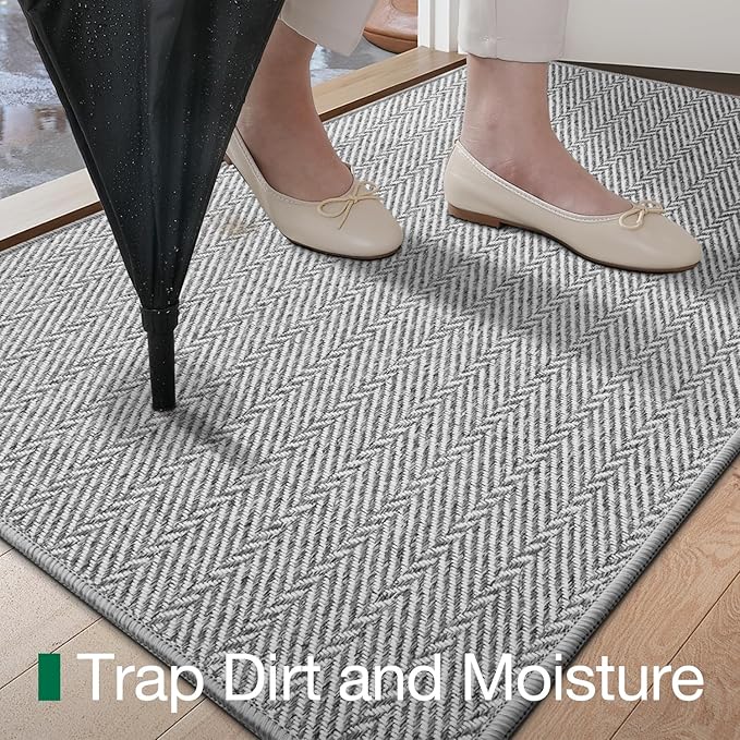 LUMI Ultra Thin Indoor Door Mat for Entrance 48"x72", Non Slip Entryway Mat, Low Profile Doormat, Unique Herringbone Design Carpet for Inside, Patio, Porch, Gray
