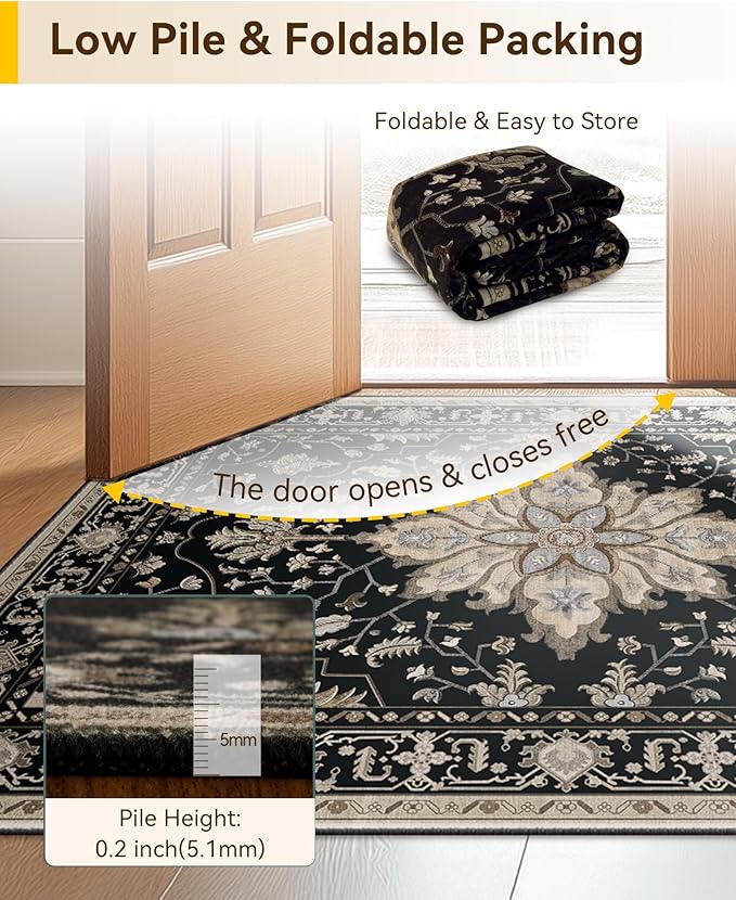 Area Rugs 2'x9' Washable Non-Slip, Floral Vintage Distress Print Pattern Medallion Carpet for Living Room Bedroom Dining Room, Black Brown Neutral Dark Tan