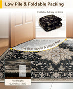Area Rugs 2'x7' Washable Non-Slip, Floral Vintage Distress Print Pattern Medallion Carpet for Living Room Bedroom Dining Room, Black Brown Neutral Dark Tan