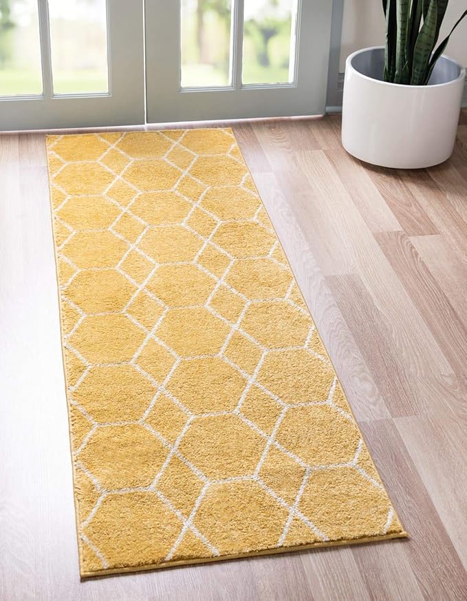 Unique Loom Trellis Frieze Collection Area Rug - Geometric (2' x 13' 1" Runner, Yellow/ Ivory)