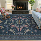 Blue 5x8 Washable Living Room Rugs - Stain Resistant Non Slip Insect Rug for Dining Room, Low Pile & Soft Carpet for Bedroom, Dark Vintage Décor Indoor, Non Skid with Rubber Backing