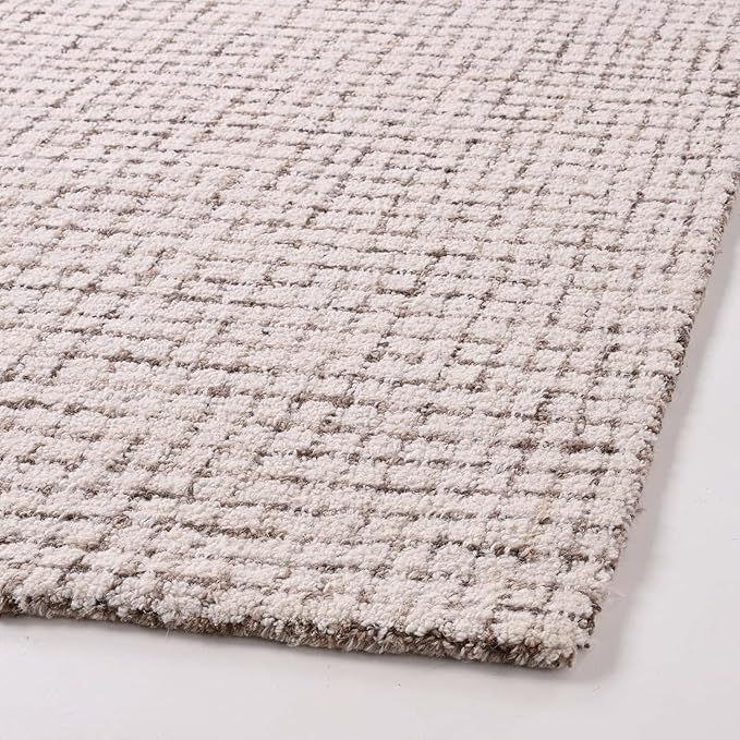 Hand-Tufted 100% Wool Pile Area Rug – Geometric Textured Grid Check Pattern – Thick and Durable Floor Carpet for Bedroom, Living Room, Kids Room, and Dining Area (Ivory-Brown, 6' x 6')
