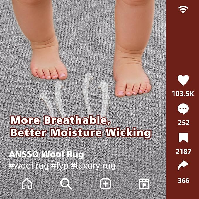 ANSSO 5x7 Wool Rugs for Living Room,80% Merino Wool and 20% Cotton Soft Tufted Area Rug with Cotton Non-Slip Backing,Large Area Rug for Bedroom Bedroom, Dining and Home Office (Dark Gray)