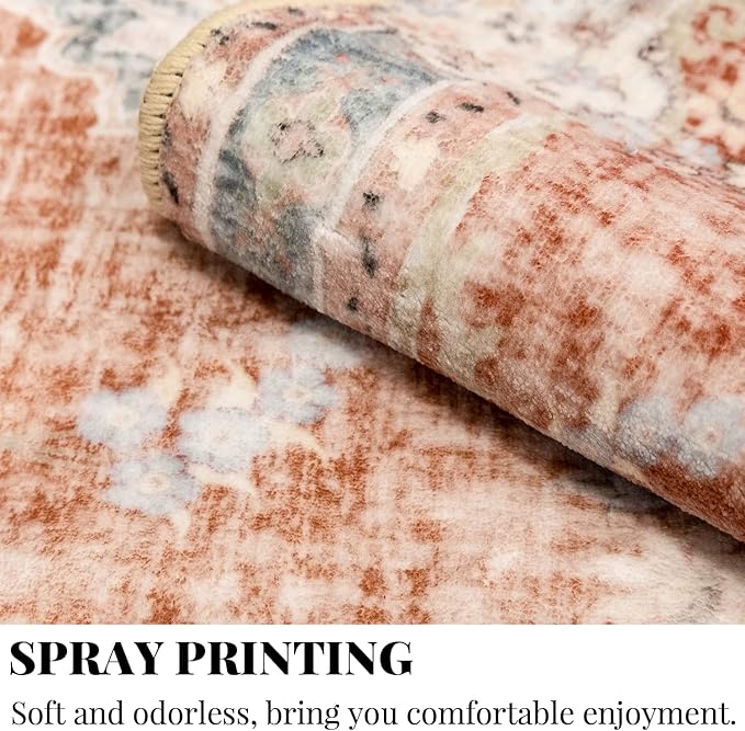 MUJOO 6'x9' Area Rugs for Living Room Washable Rugs Large Boho Carpet for Bedroom Dining Room Neutral Vintage Farmhouse Abstract Non Slip Soft Low-Pile Floral Flowers Orange