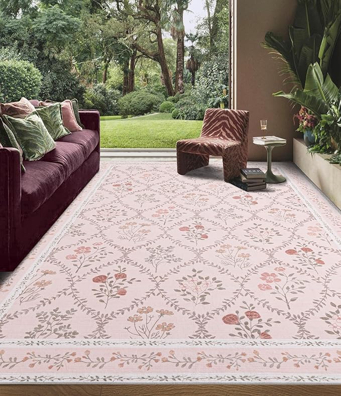 YIHOUSE Pink Floral Print Rugs, Moroccan Trellis 10x14 Washable Large Rug, Modern Pastel Non Slip Ultra-Thin Area Rug for Classroom, Nursery Playroom,Dorm,Bedroom,Living Room, Pink Multi