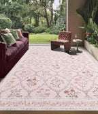 YIHOUSE Pink Floral Print Rugs, Moroccan Trellis 9x12 Washable Large Rug, Modern Pastel Non Slip Ultra-Thin Area Rug for Classroom, Nursery Playroom,Dorm,Bedroom,Living Room, Pink Multi