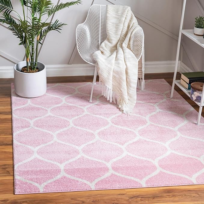 Rugs.com Lattice Frieze Collection Rug – 8' Square Light Pink Medium Rug Perfect for Living Rooms, Kitchens, Entryways