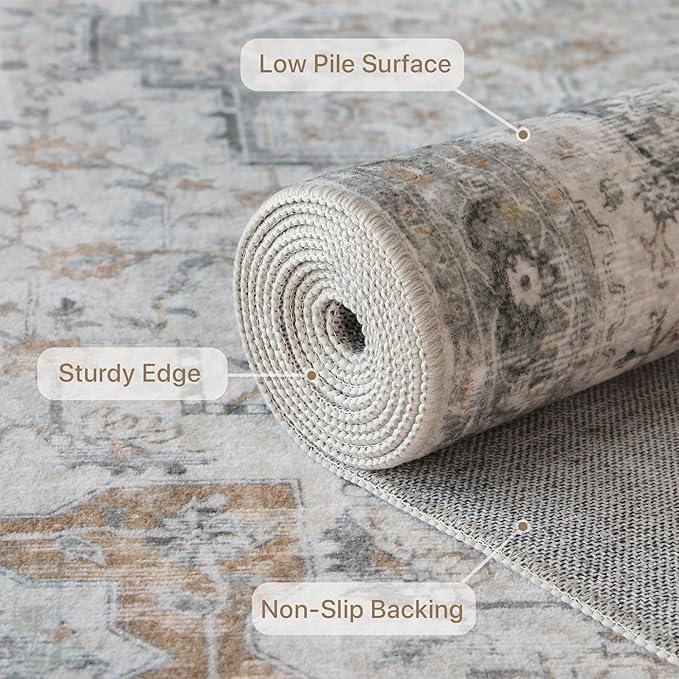 Bavni Washable Rug 5x7 Area Rug for Living Room Bedroom Dining, Washable Vintage Print Carpet, Ultra-Thin Low Pile Lightweight Rug with Non Slip Backing, Light Taupe Brown