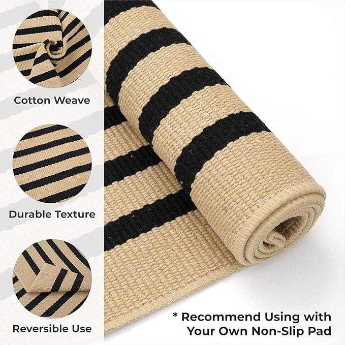 KOZYFLY Brown and Black Striped Porch Rug 2x3 Ft Small Area Rug Cotton Outdoor Doormat Front Door Rugs Washable Outdoor Rugs Farmhouse Layered Door Mat for Front Door Entryway Patio Porch