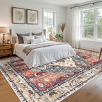 KOZYFLY Boho Area Rug 9x12 Ft Thin Rugs for Living Room Washable Bedroom Rug Non Slip Rugs for Living Room Rust/Orange/Blue Printed Faux Wool Vintage Bedroom Rug Floor Carpet for Dining Room