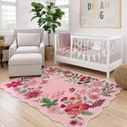 Lahome Floral Washable Rugs, 4X6 Pink Rugs for Bedroom Girls Ultra-Thin Soft Living Room Rug, Non-Slip Stain Resistant Boho Lightweight Low-Pile Throw Carpet for ‎Nursery Office (4x6ft, Pink)