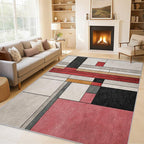 4x4 Abstract Geometric Rugs for Bedroom Decor, Washable Black White Red Geometry Pattern Area Rug, Living Room Home Decoration, Non Slip Soft Thin, Minimalist Modern Decor Carpet PF-P 49
