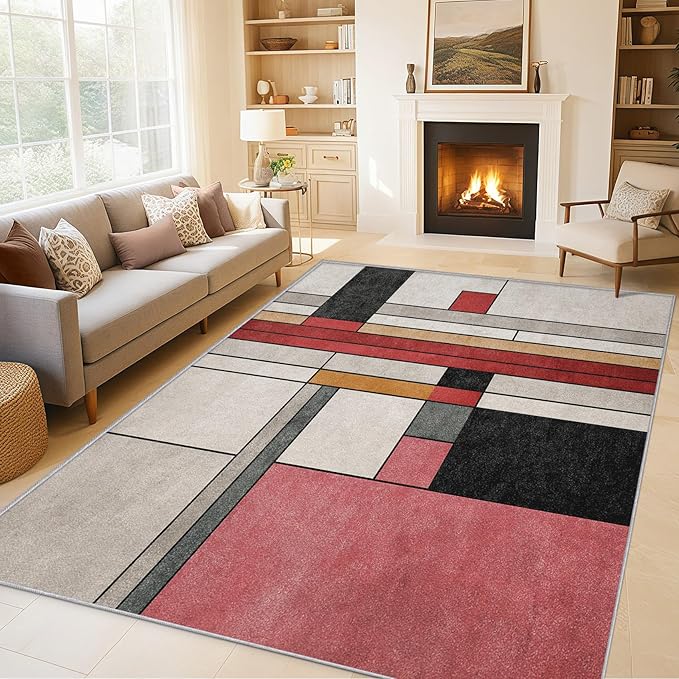 8x10 Abstract Geometric Rugs for Bedroom Decor, Washable Black White Red Pattern Area Rug, Living Room Home Decoration, Non Slip Soft Thin, Minimalist Modern Decor Large Carpet PF-P 49