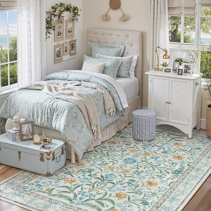 Lahome Blue 5x7 Area Rugs for Living Room, Boho Floral Washable Girls Bedroom Rug, Soft Retro Non-Slip Kids Nursery Carpet for Playroom Apartment Decor