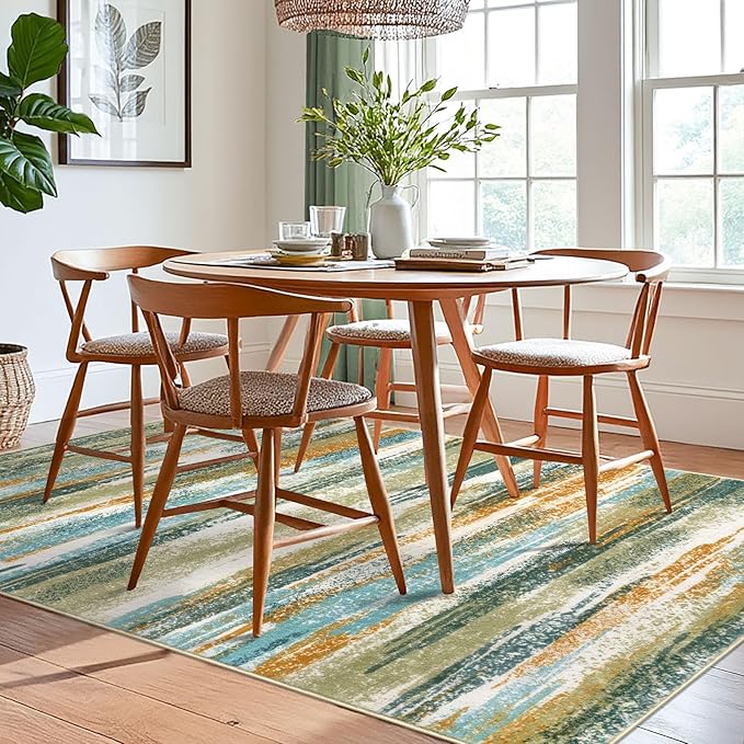 Modern Abstract 6x9 Machine Washable Living Room Rug Non-Slip Soft Bedroom Area Rug Green Mustard Multi Ultra Thin Print Faux Wool Floor Carpet Throw Rug for Nursery Playroom Dining Room Indoor