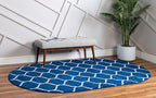 Rugs.com Lattice Frieze Collection Rug – 3' 3 x 5' 3 Oval Navy Blue Medium Rug Perfect for Living Rooms, Large Dining Rooms, Open Floorplans