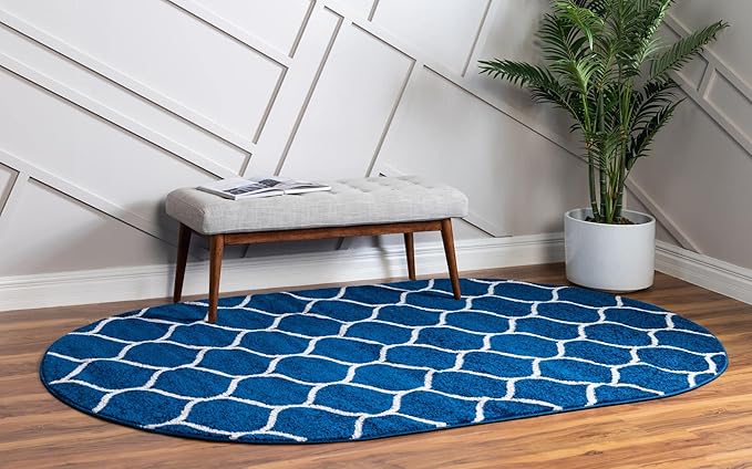 Rugs.com Lattice Frieze Collection Rug – 3' 3 x 5' 3 Oval Navy Blue Medium Rug Perfect for Living Rooms, Large Dining Rooms, Open Floorplans