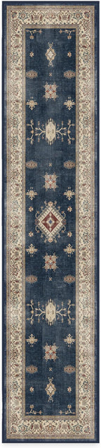RUGGABLE Washable Vintage Runner Rug – Verena Sapphire 2.5x12, Stain-Resistant, Non-Slip Hallway Runner – Machine Washable Rug for Hallway, Entryway, Living Room & Kitchen–with Standard Pad