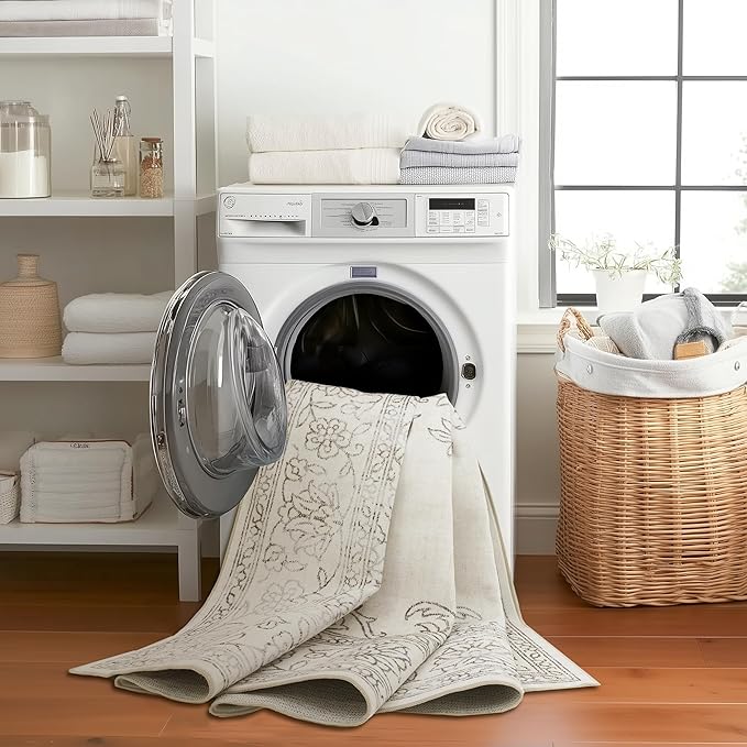 ReaLife Rugs Machine Washable Area Rug Runner - Living Room Bedroom Bathroom Kitchen Entryway Office - Padded Low Pile Stain Resistant Premium - Boho Farmhouse Vintage - Paige - Ivory 2'6" x 6'